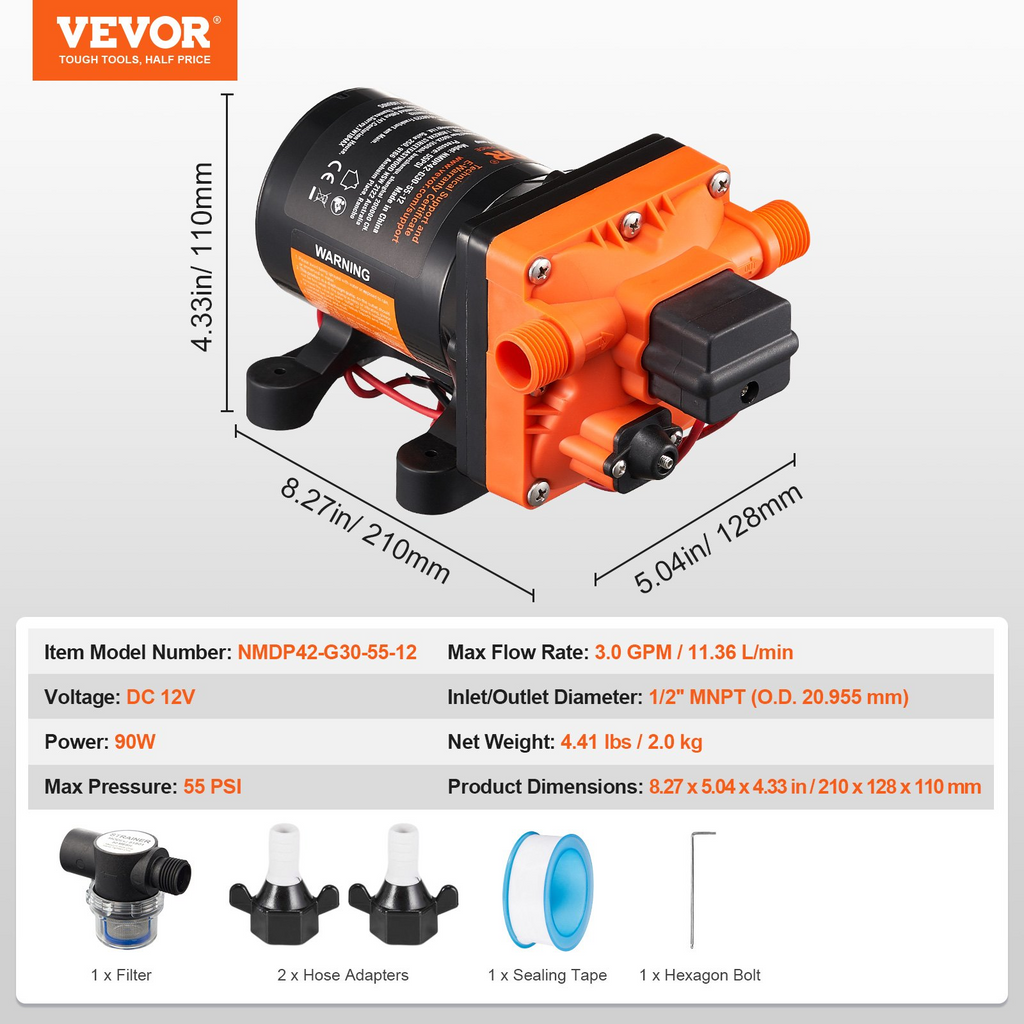 Bomba de diafragma VEVOR de 12 V, 3 GPM, 11,36 L/min, interruptor de presión de bomba de agua de 4 cámaras