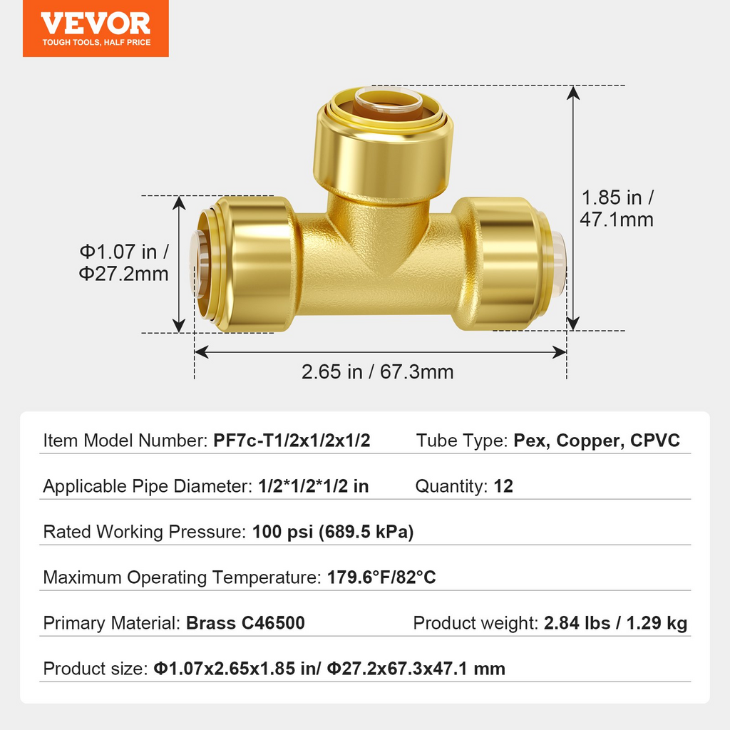 Accesorios de tubería VEVOR de 1/2", 12 piezas en T de latón de ajuste a presión para sistema de calefacción/ducha