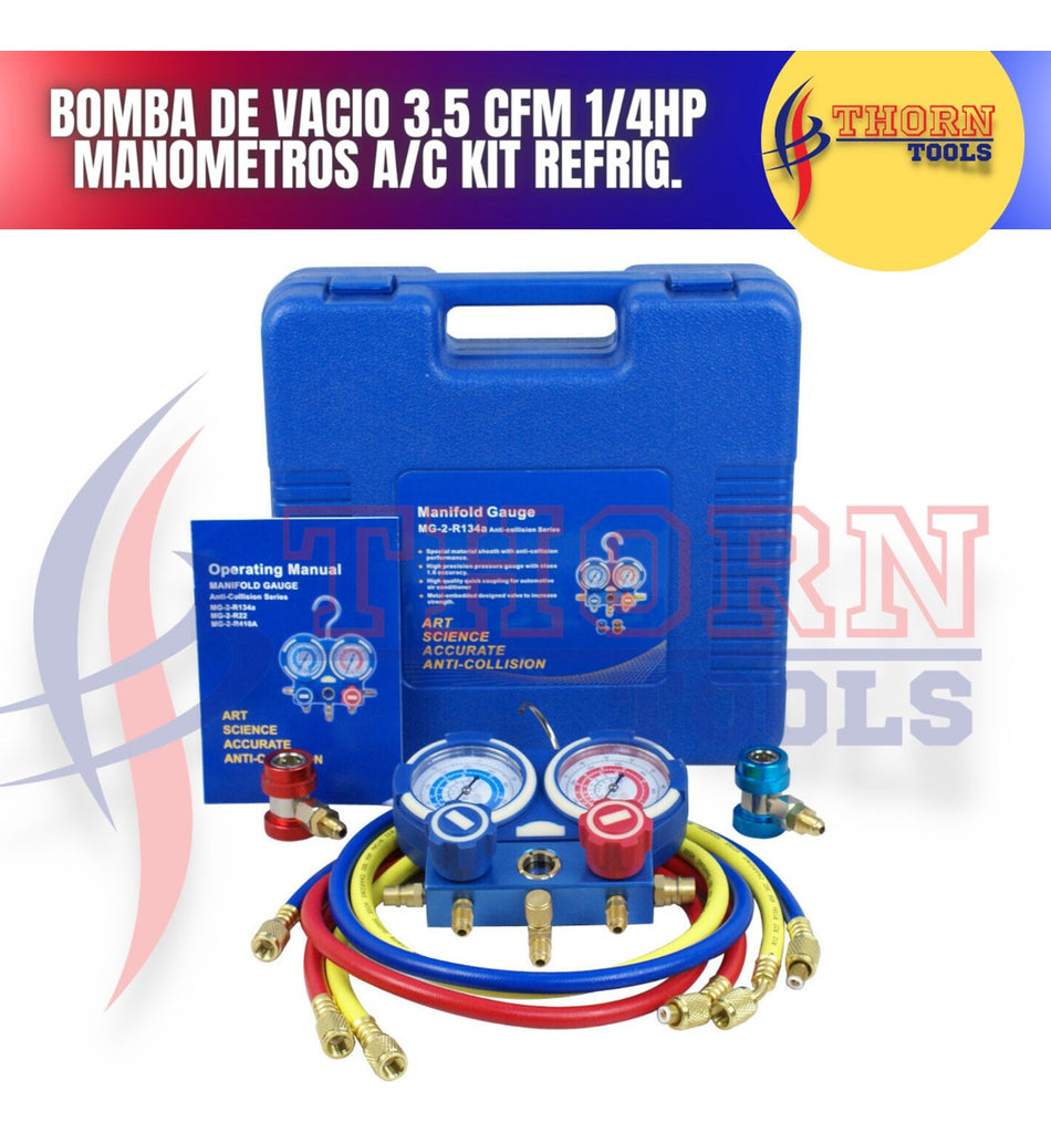 Bomba De Vacio 3.5 Cfm 1/4hp Manometros A/c Kit Refrig.