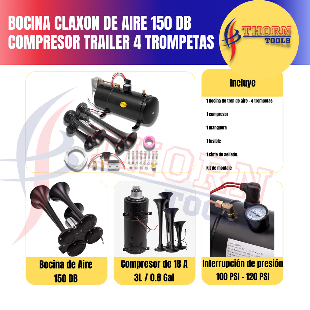 Bocina Claxon De Aire 150dB compresor trailer 4 Trompetas
